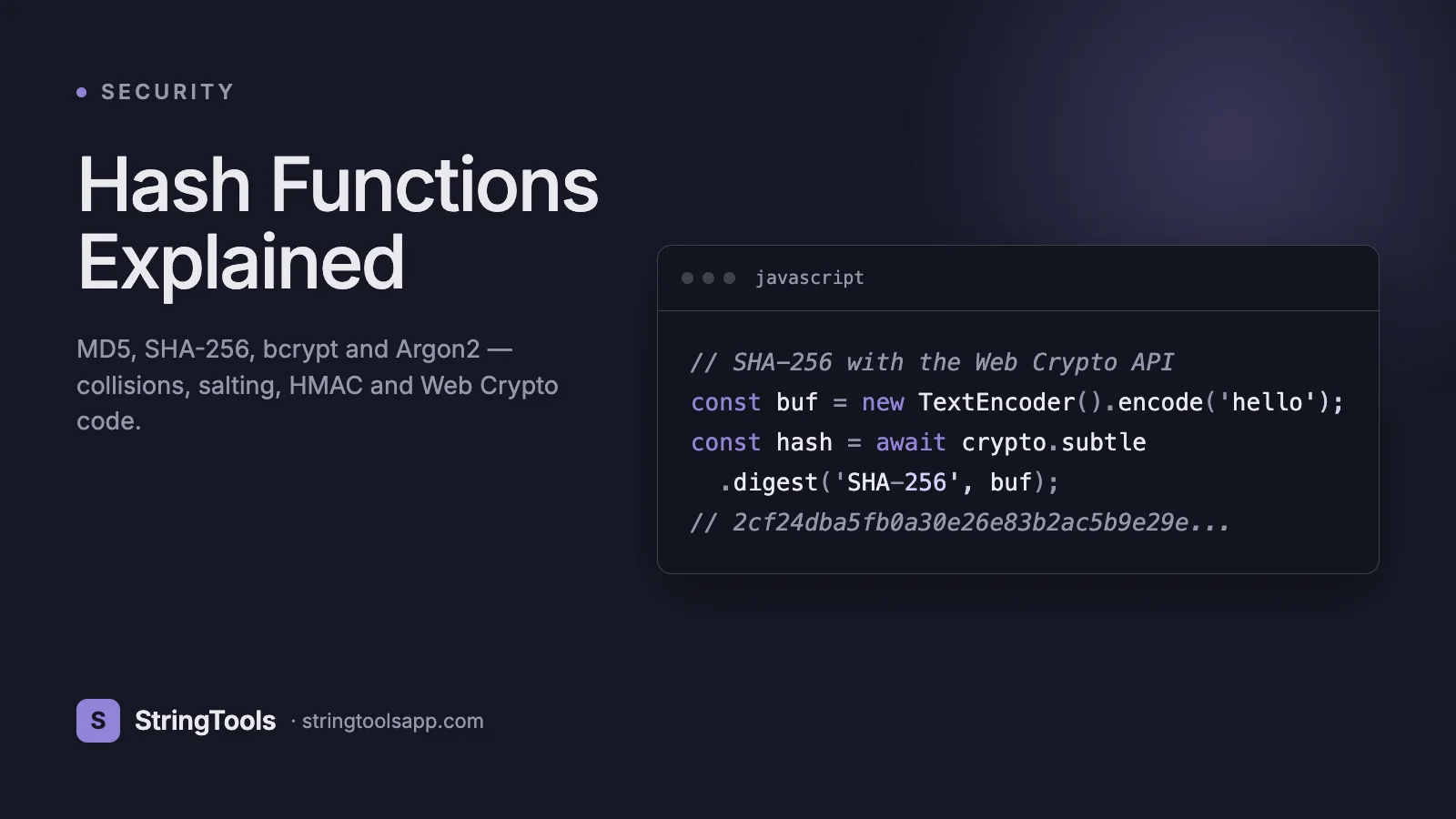Hash Functions Explained: MD5, SHA-256, bcrypt, Argon2 (2026) — cover
