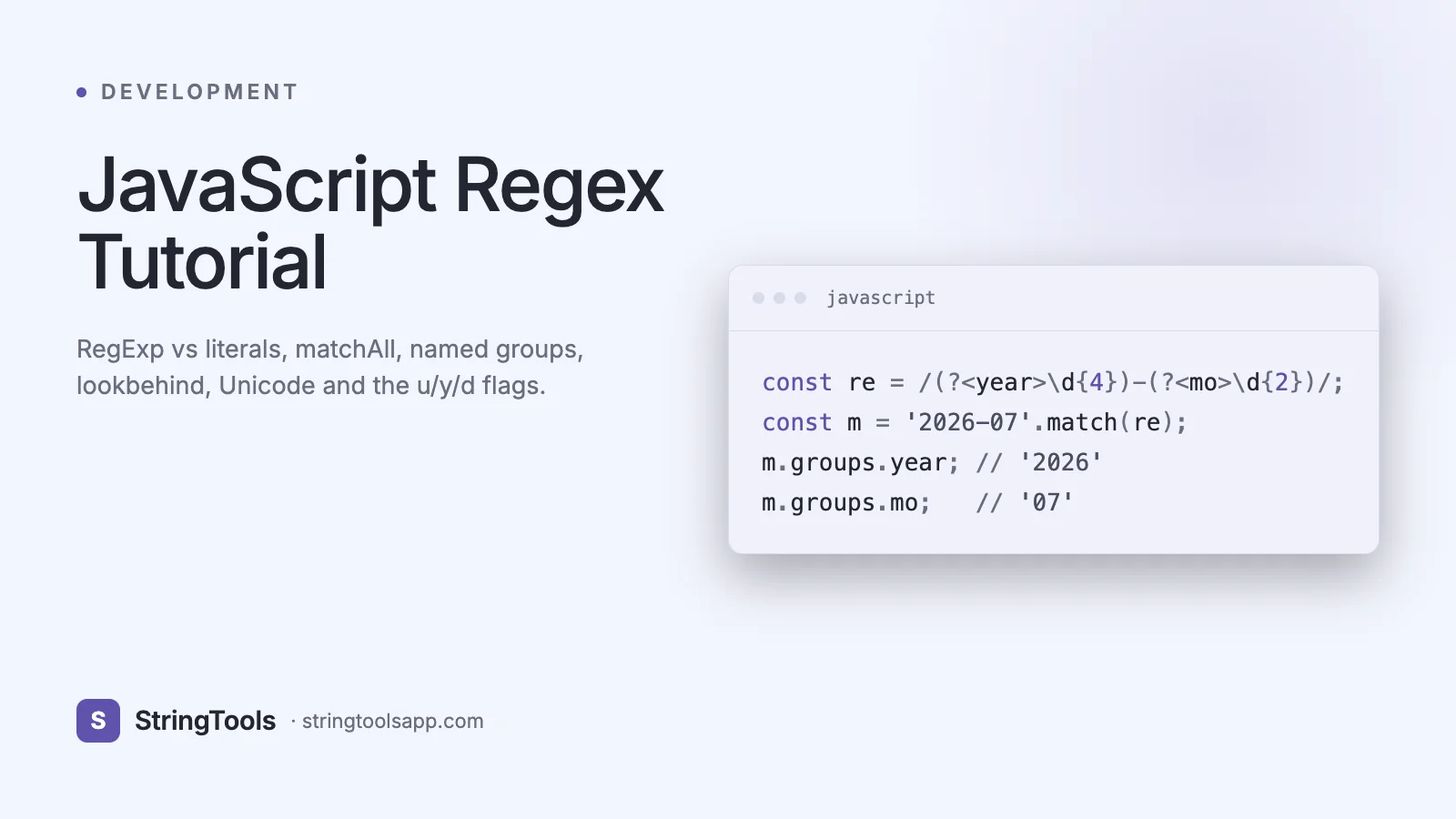 JavaScript Regex Tutorial 2026: RegExp, matchAll, Named Groups, Unicode — cover